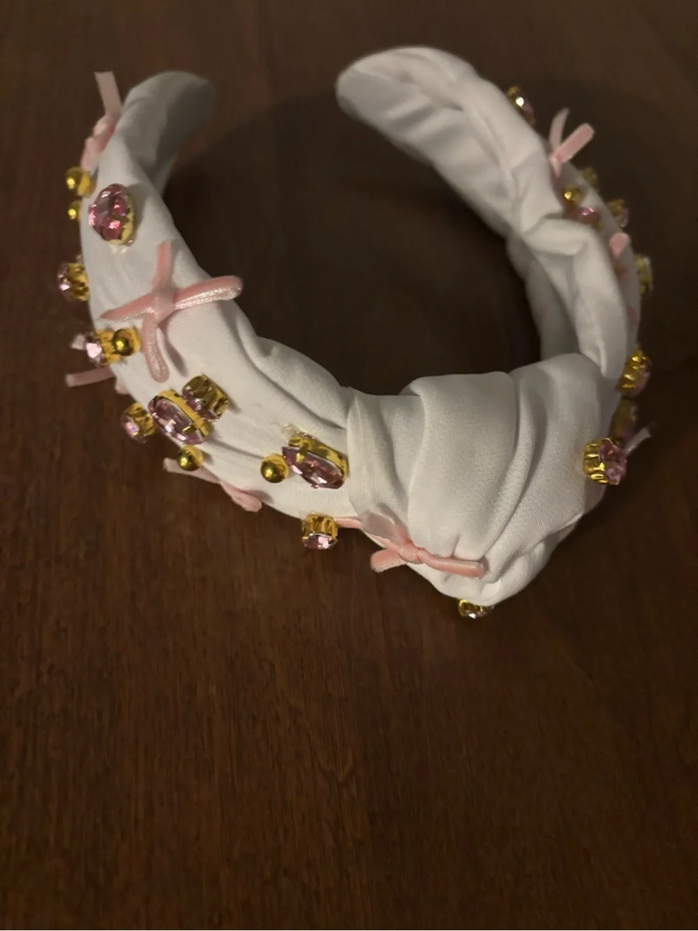 White Padded Headband with Pink Gems and Bows